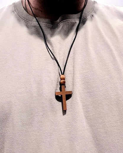 Personalized Beaded Wooden Cross Necklace – Engraved Christian Pendant